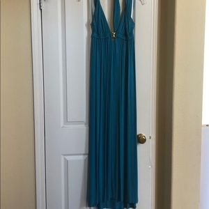 Trina Turk halter maxi dress with draped back.